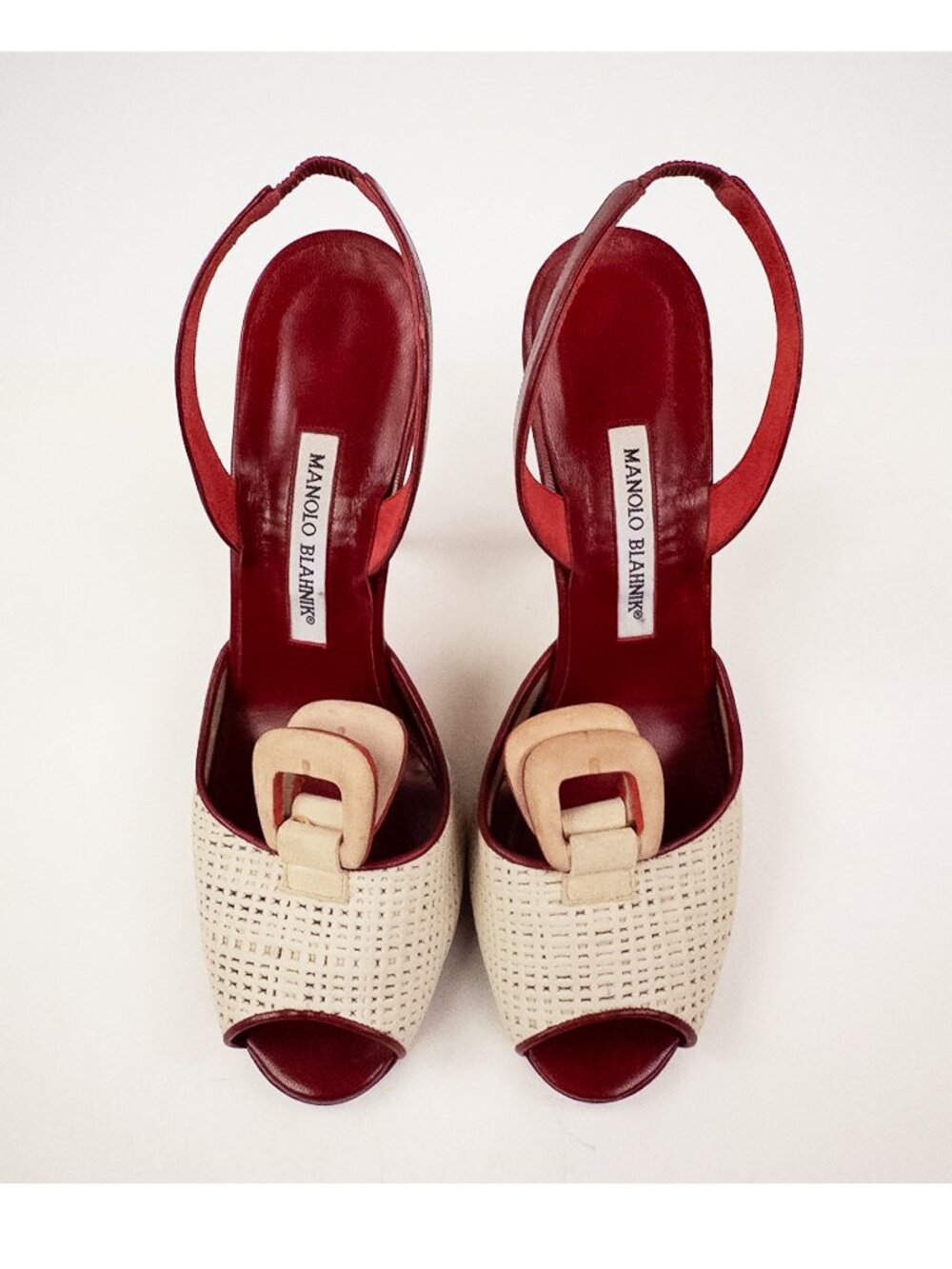 Manolo Blahnik Red Leather Ivory Slingback Peep Toe Heels Sz 39 - Picture 2 of 10